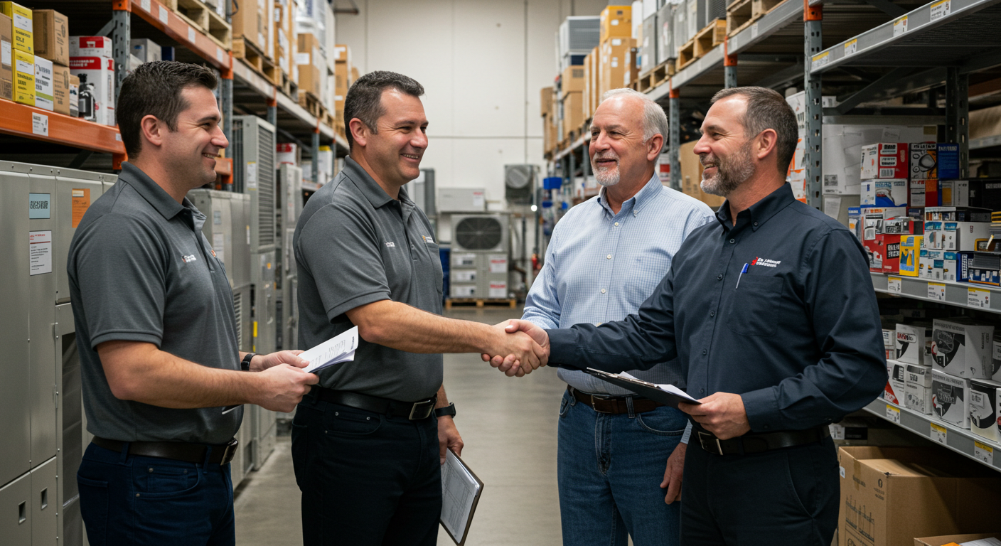 HVAC professionals shaking hands with a supplier