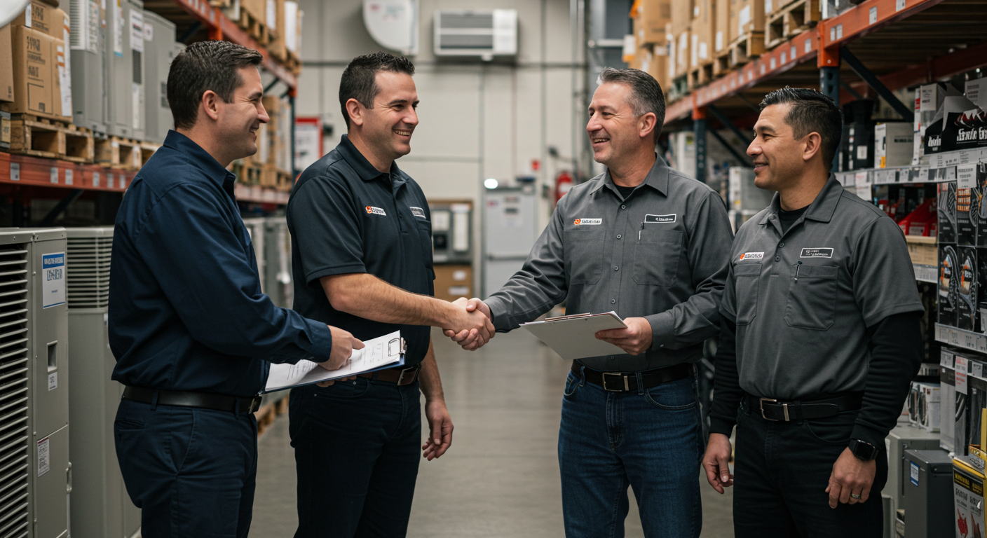 Two HVAC professionals shaking hands