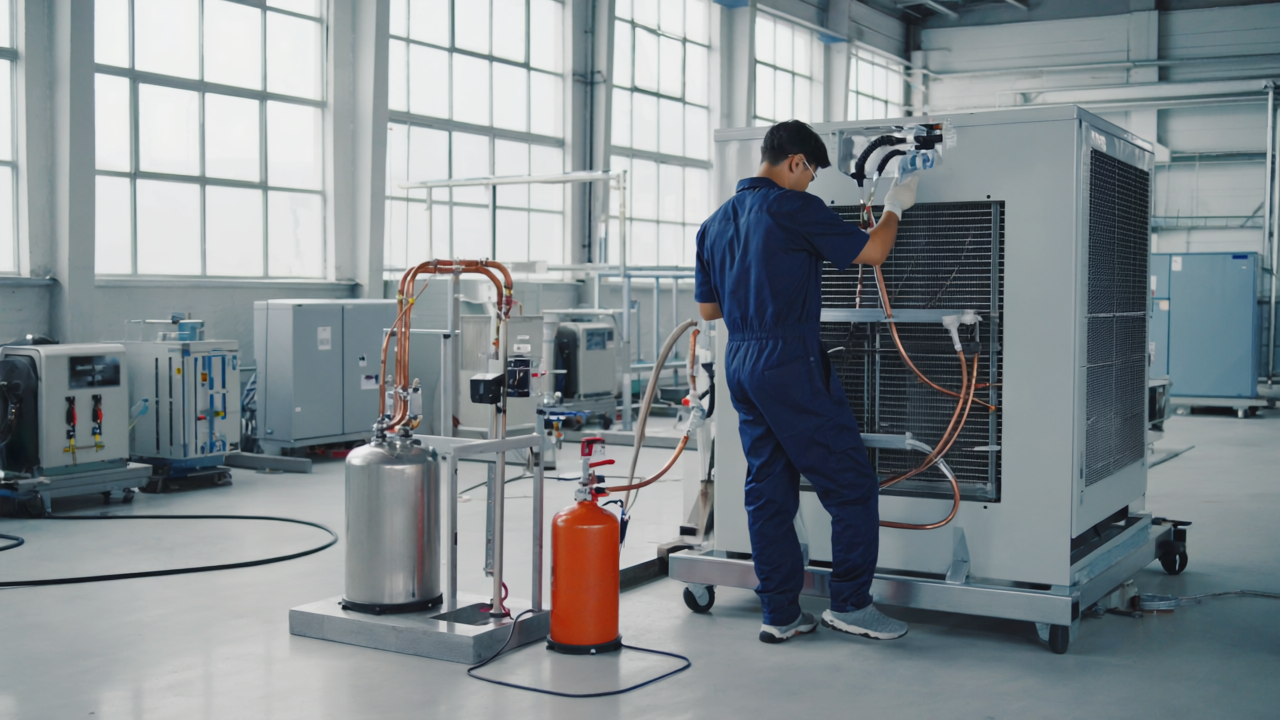 Technician decommissioning an HVAC system